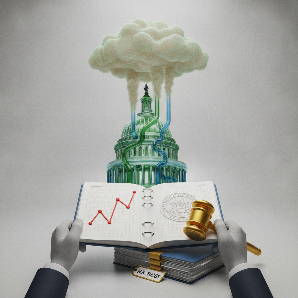 Illustration of the U.S. Capitol with smoke and a gavel, symbolizing the Methane Pollution Accountability Act.