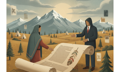 Two figures, one in traditional attire and one in a suit, holding a large scroll in a mounta — Northern Cheyenne Lands Act