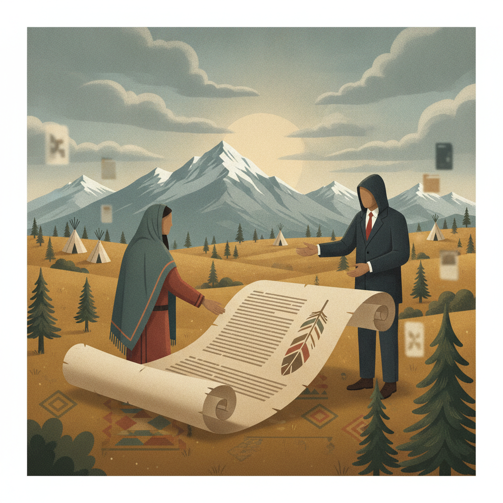 Two figures, one in traditional attire and one in a suit, holding a large scroll in a mounta — Northern Cheyenne Lands Act
