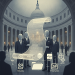 Four faceless figures in suits holding a scroll with digital text in a grand leg — National Voting Rights Month resolution