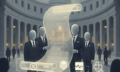 Four faceless figures in suits holding a scroll with digital text in a grand leg — National Voting Rights Month resolution