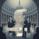 Four faceless figures in suits holding a scroll with digital text in a grand leg — National Voting Rights Month resolution