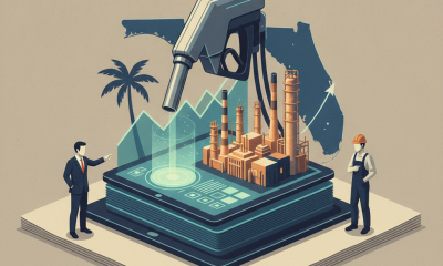 Illustration depicting a fuel pump and refinery with two men discussing the American Fuel Affordability Act in a Florida s…