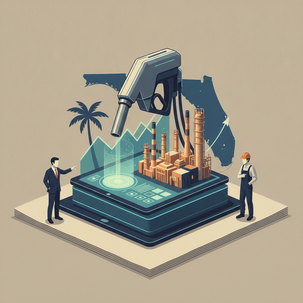 Illustration depicting a fuel pump and refinery with two men discussing the American Fuel Affordability Act in a Florida s…