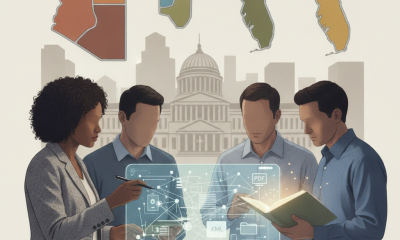 Four professionals discussing educational legislation with a digital interface, featuring — Reaching English Learners Act