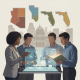Four professionals discussing educational legislation with a digital interface, featuring — Reaching English Learners Act