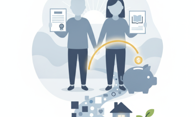 Illustration of a couple holding educational certificates and books, with a piggy ba — S 5420 Education Scholarship Credit