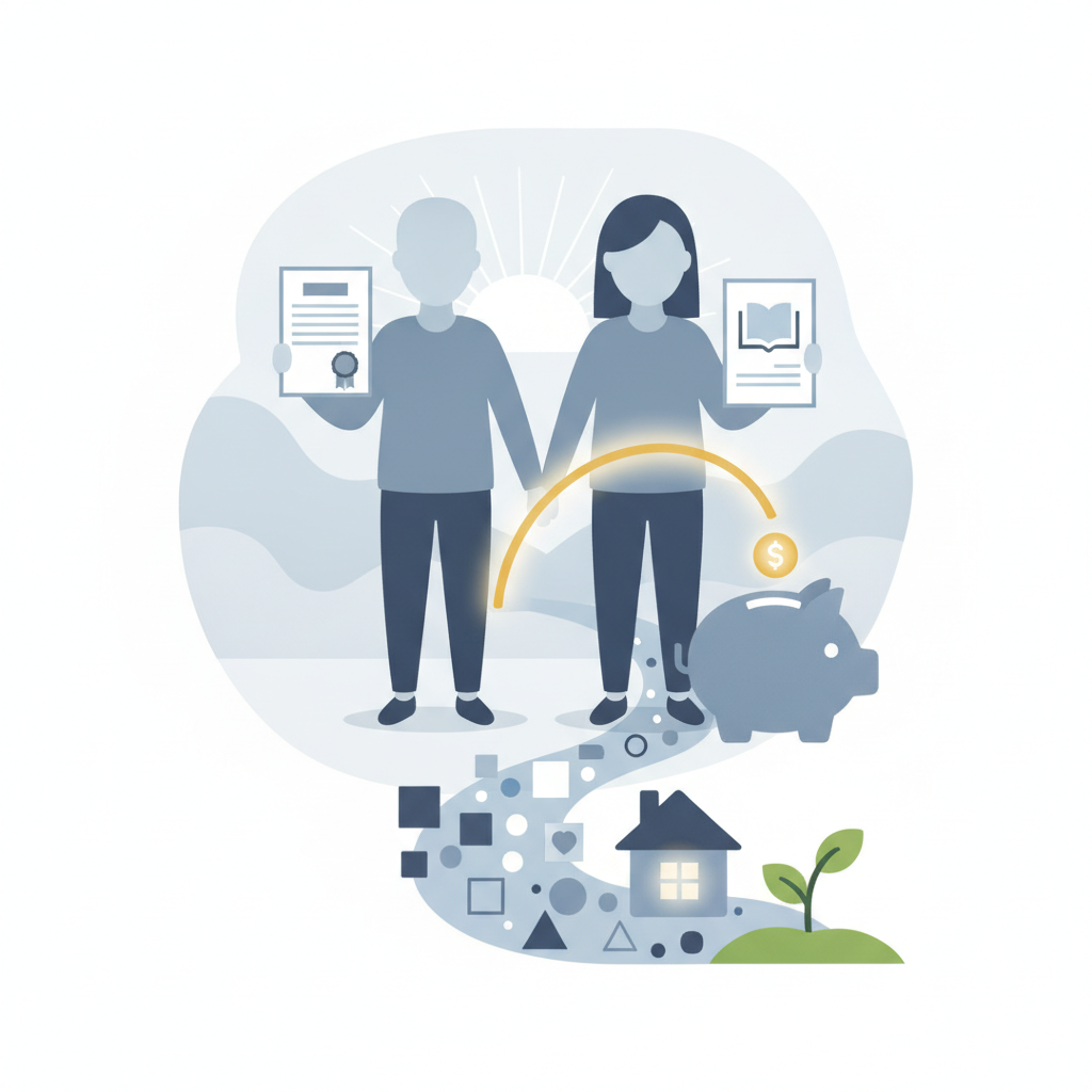 Illustration of a couple holding educational certificates and books, with a piggy ba — S 5420 Education Scholarship Credit