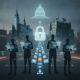 Four silhouetted figures holding digital devices in front of a cityscape, feat — DoD cybersecurity university partnerships