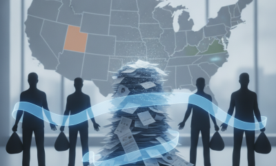 Silhouetted figures surround a pile of medical bills with a map of the U.S. highlighting — state medical debt relief laws