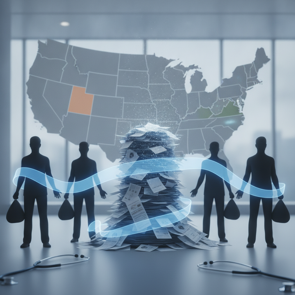 Silhouetted figures surround a pile of medical bills with a map of the U.S. highlighting — state medical debt relief laws