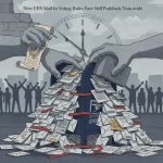 Illustration showing hands placing mail into a USPS mailbox, surrounded by a crowd and scatter — USPS mail in voting rules