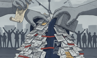 Illustration showing hands placing mail into a USPS mailbox, surrounded by a crowd and scatter — USPS mail in voting rules