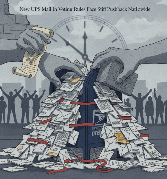 Illustration showing hands placing mail into a USPS mailbox, surrounded by a crowd and scatter — USPS mail in voting rules