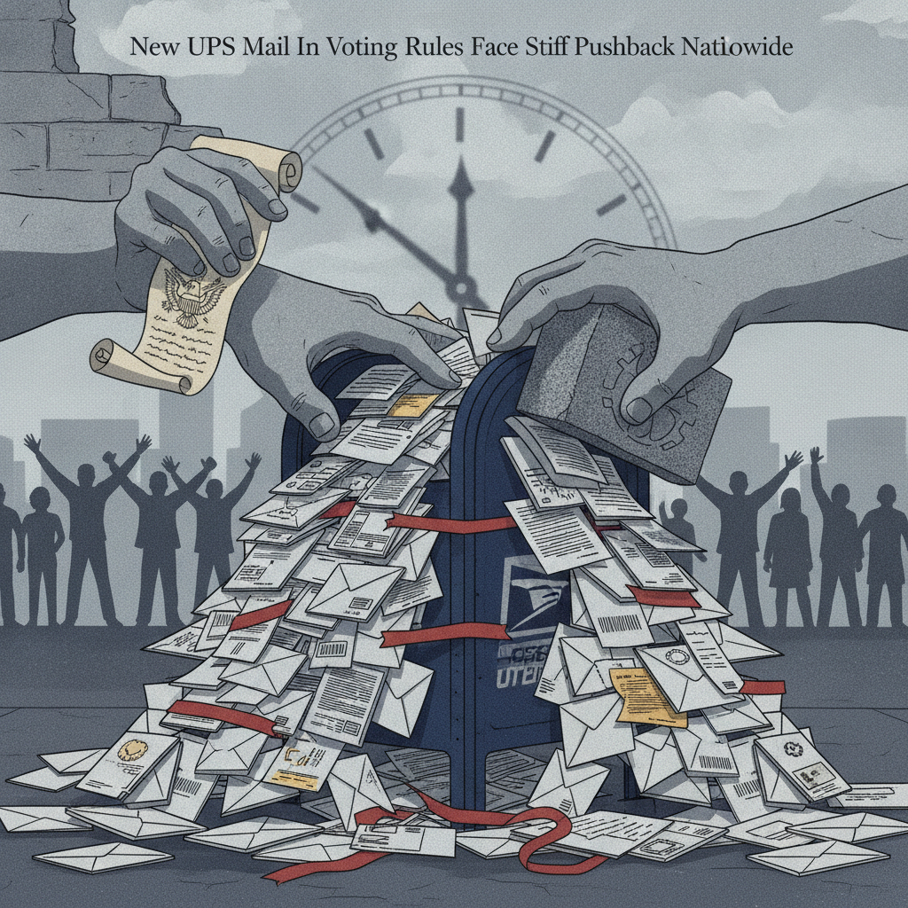 Illustration showing hands placing mail into a USPS mailbox, surrounded by a crowd and scatter — USPS mail in voting rules