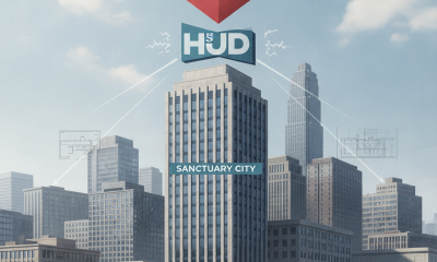 Graphic illustrating the No HUD Funding for Sanctuary Cities Act with a city skyline and a locked HUD symbol above a build…