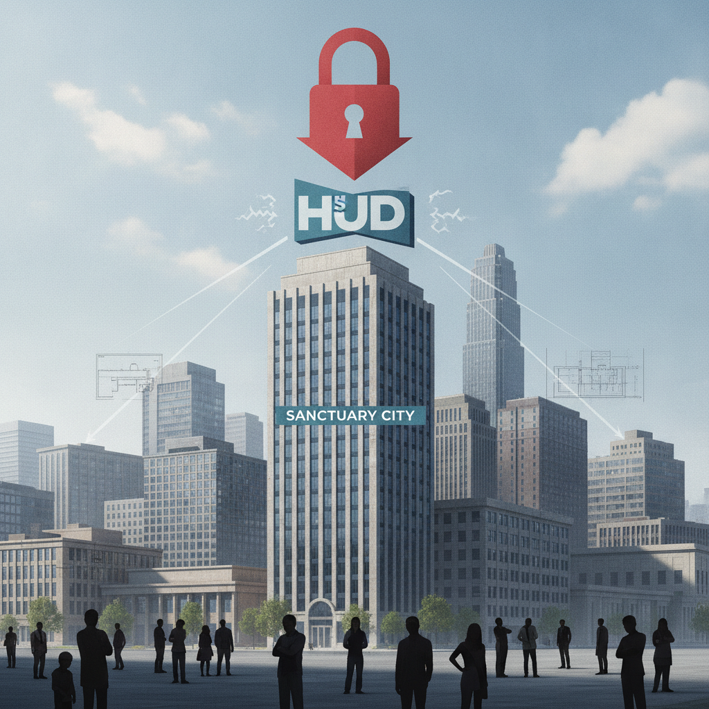 Graphic illustrating the No HUD Funding for Sanctuary Cities Act with a city skyline and a locked HUD symbol above a build…