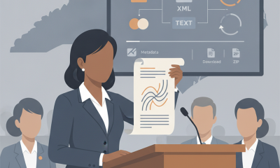 A woman in a suit holds a document while presenting in front of a screen, with seated individ — American Tariff Rebate Act