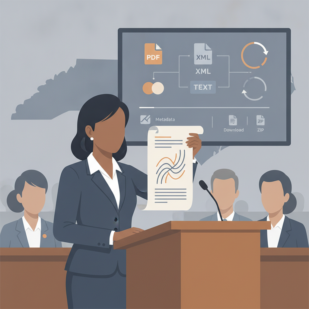 A woman in a suit holds a document while presenting in front of a screen, with seated individ — American Tariff Rebate Act