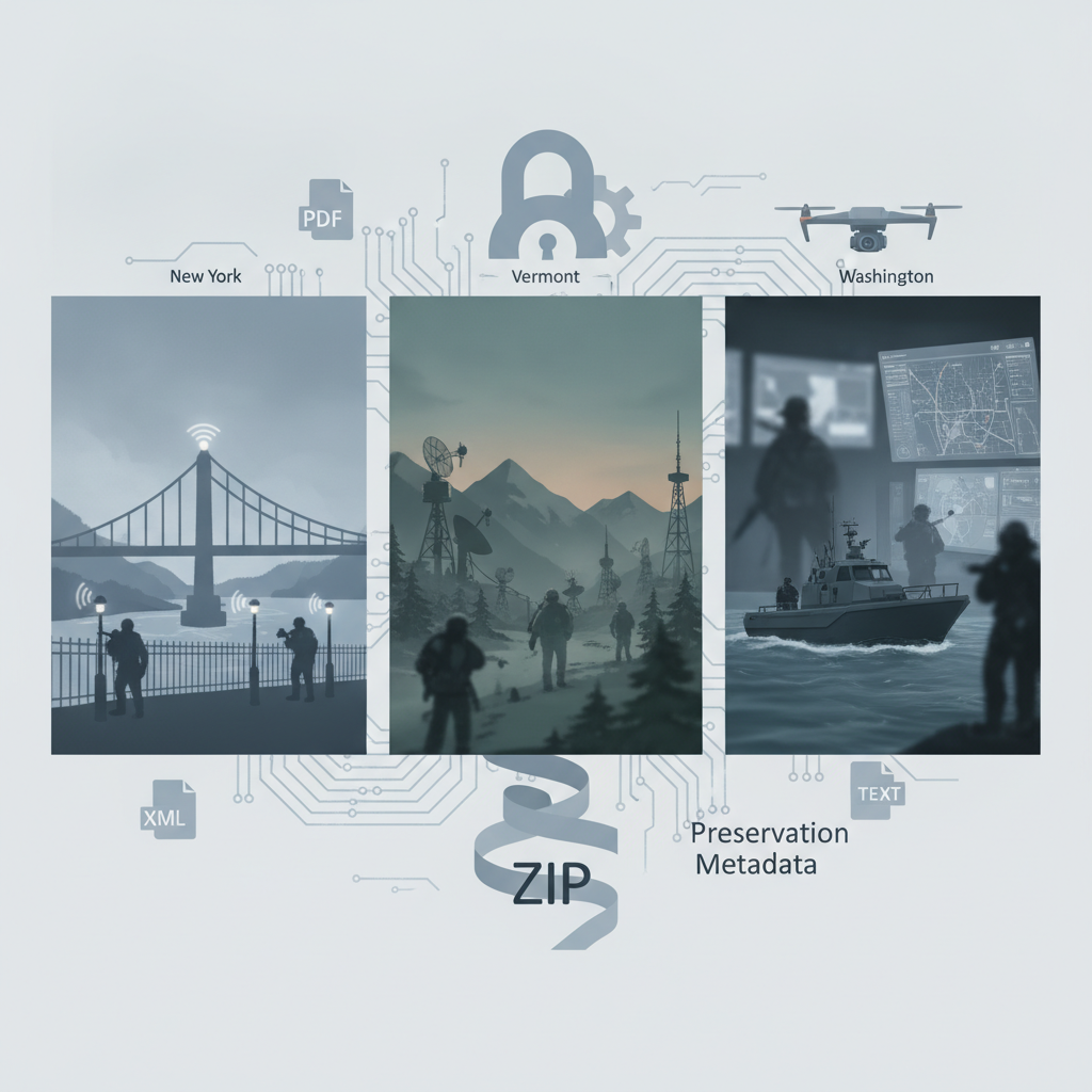 Illustration depicting border security themes with silhouettes of fi — Northern Border Security Enhancement and Review Act