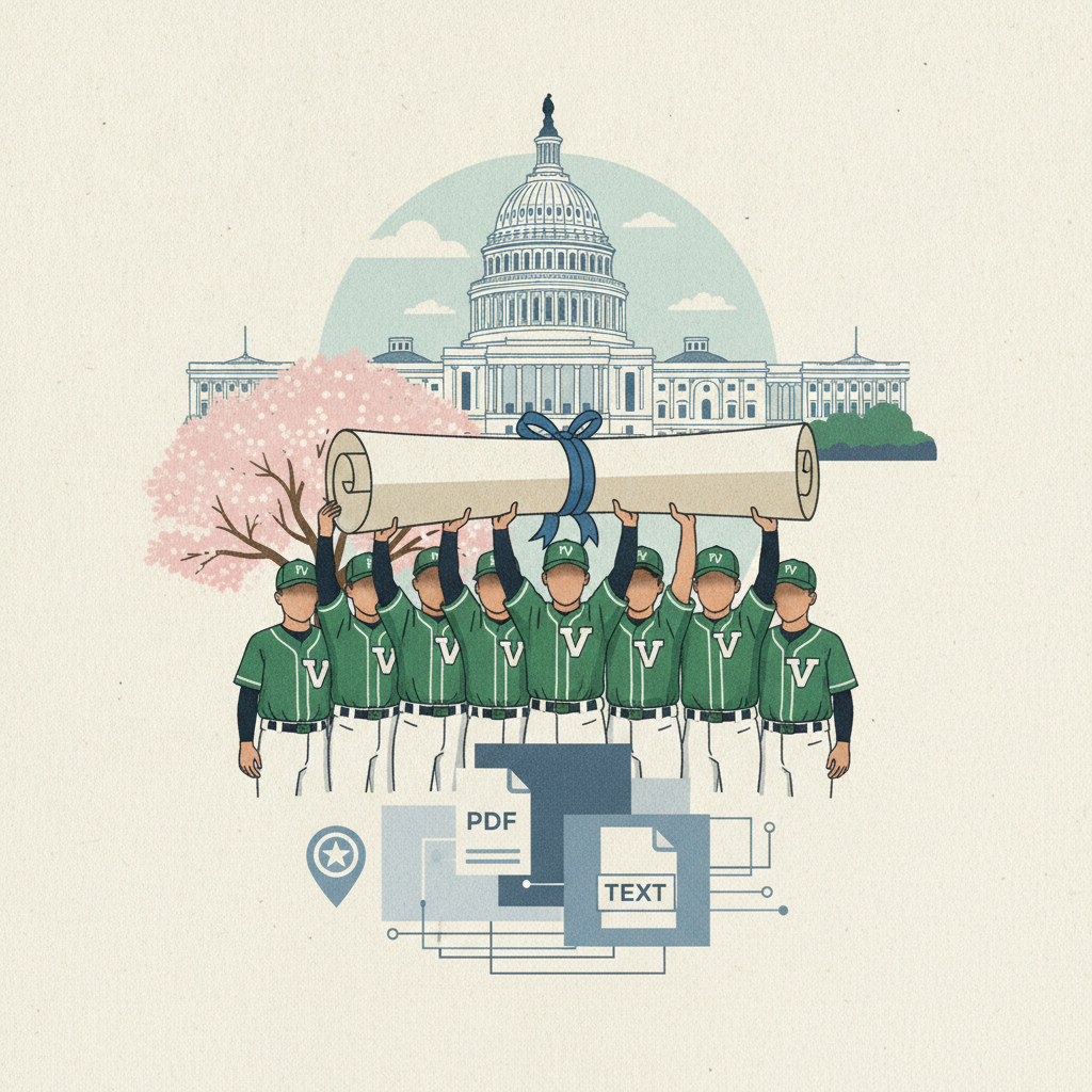 Paseo Verde Little League team members holding a scroll in front of the U.S. Capitol, celebrating their national champions…