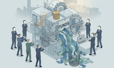 Illustration depicting the Preventing Rip-offs and Obtaining Oversight of Funds Act with gears, money, and a waste basket…