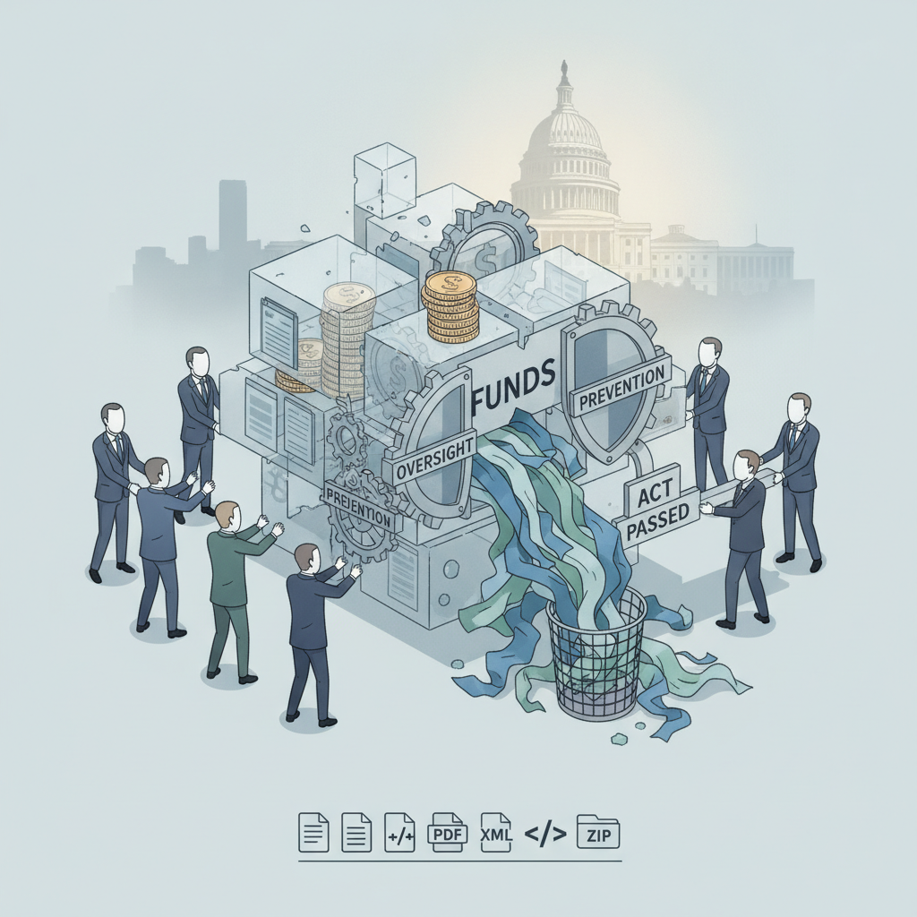 Illustration depicting the Preventing Rip-offs and Obtaining Oversight of Funds Act with gears, money, and a waste basket…