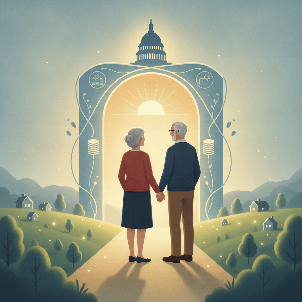 An elderly couple holding hands in front of a stylized archway with — Protecting Our Widows and Widowers in Retirement Act