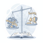 Illustration of a scale balancing gears and a gavel, representing the Protecting the Rights of Organizations Fairly Act of…