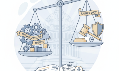 Illustration of a scale balancing gears and a gavel, representing the Protecting the Rights of Organizations Fairly Act of…