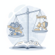 Illustration of a scale balancing gears and a gavel, representing the Protecting the Rights of Organizations Fairly Act of…