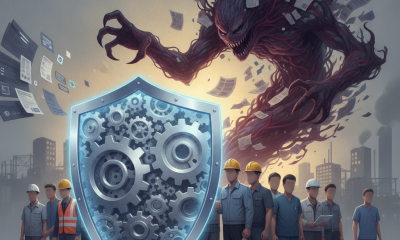 A shield with gears protects workers from a monstrous figure representing — protecting workers wages from medical debt act