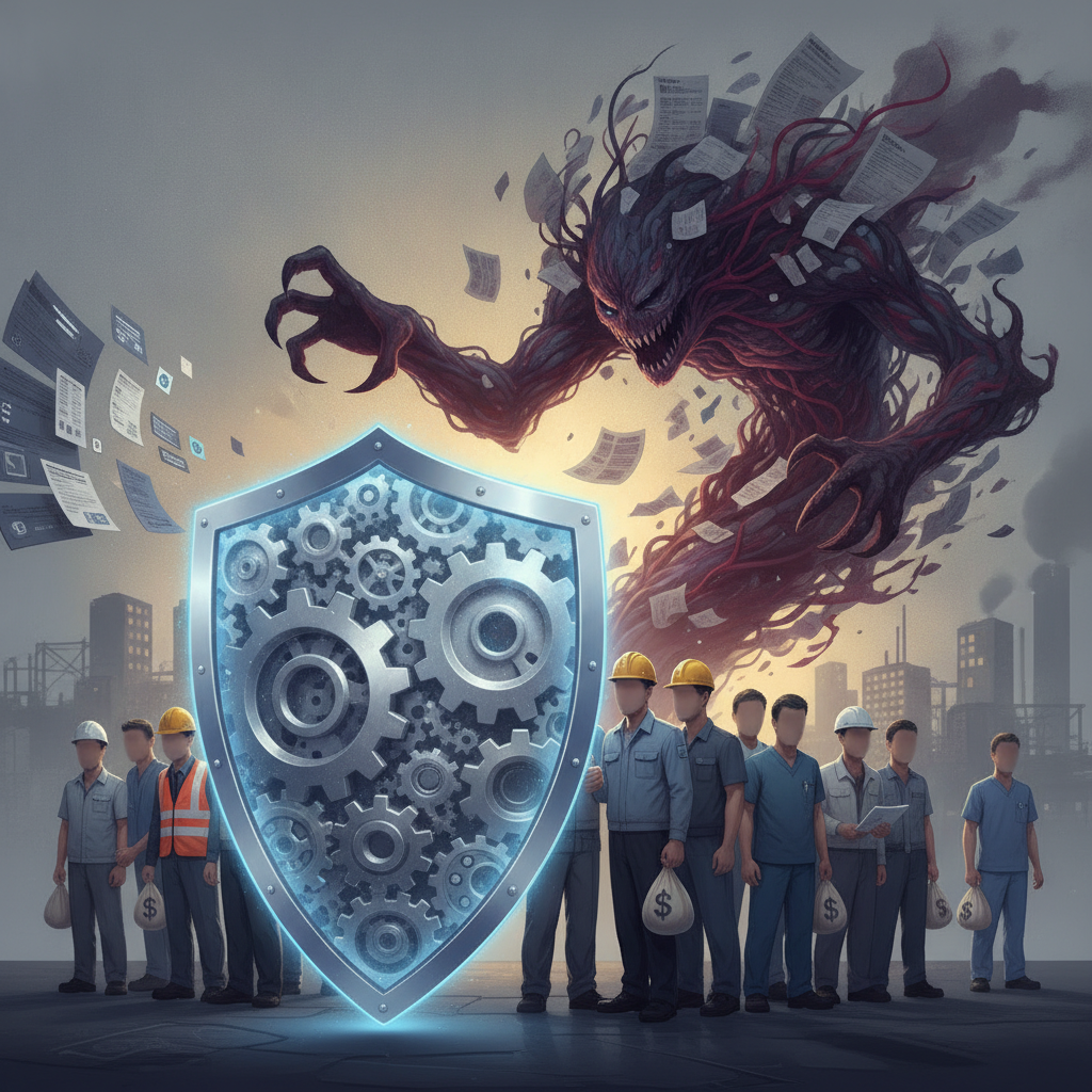 A shield with gears protects workers from a monstrous figure representing — protecting workers wages from medical debt act