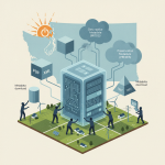 Illustration depicting the Responsible Data Center Siting Act of 2026, featuring a data center surrounded by renewable ene…