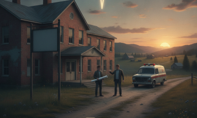 Two men discussing plans outside a rural hospital with an ambulance — Rural Emergency Hospital Designation Improvement Act
