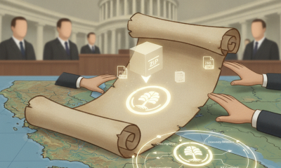 Illustration of a scroll map with hands pointing at land transfer details, set against a bac — Pit River Land Transfer Act