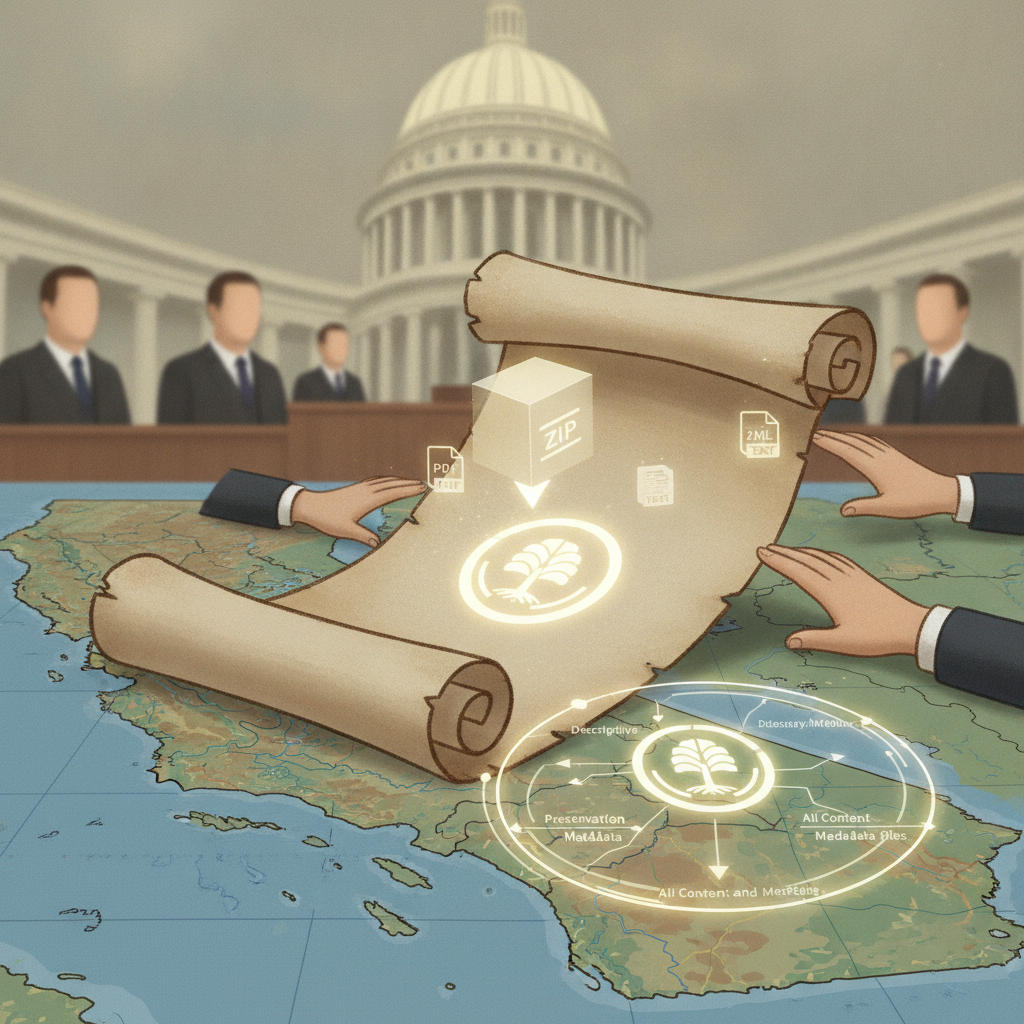 Illustration of a scroll map with hands pointing at land transfer details, set against a bac — Pit River Land Transfer Act