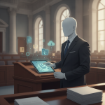 A faceless figure in a suit using a tablet in a courtroom, with digital icons repr — Hawaiian History Month September 2026