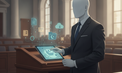 A faceless figure in a suit using a tablet in a courtroom, with digital icons repr — Hawaiian History Month September 2026