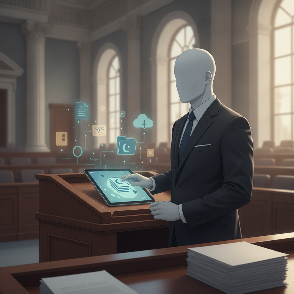A faceless figure in a suit using a tablet in a courtroom, with digital icons repr — Hawaiian History Month September 2026
