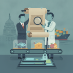 Two figures examine a scroll with food items on a conveyor belt, symbolizing the making Americas food safer act and food s…