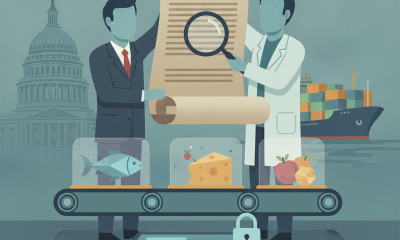 Two figures examine a scroll with food items on a conveyor belt, symbolizing the making Americas food safer act and food s…