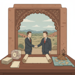 Two men in suits shaking hands in front of a scenic landscape, symbolizing cooperatio — New Mexico Land Grant-Mercedes Act