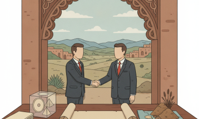Two men in suits shaking hands in front of a scenic landscape, symbolizing cooperatio — New Mexico Land Grant-Mercedes Act