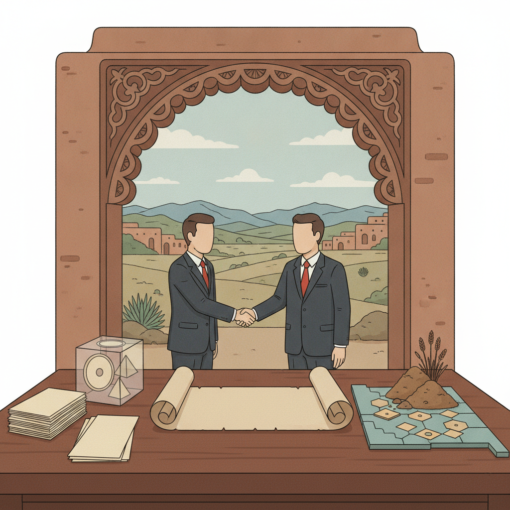 Two men in suits shaking hands in front of a scenic landscape, symbolizing cooperatio — New Mexico Land Grant-Mercedes Act