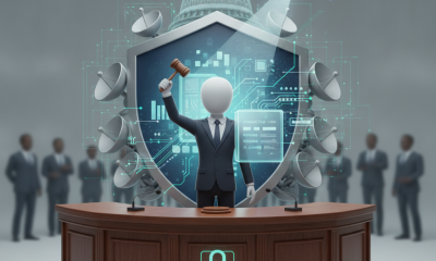 A figure in a suit holds a gavel in front of a shield symbolizing satellite cybersec — satellite cybersecurity act of 2025