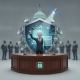 A figure in a suit holds a gavel in front of a shield symbolizing satellite cybersec — satellite cybersecurity act of 2025
