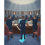 Illustration of a Senate vote on the Dennis John Benigno Traumatic Brain Injury Program Reauthorization Act, with senators…