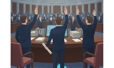 Illustration of a Senate vote on the Dennis John Benigno Traumatic Brain Injury Program Reauthorization Act, with senators…