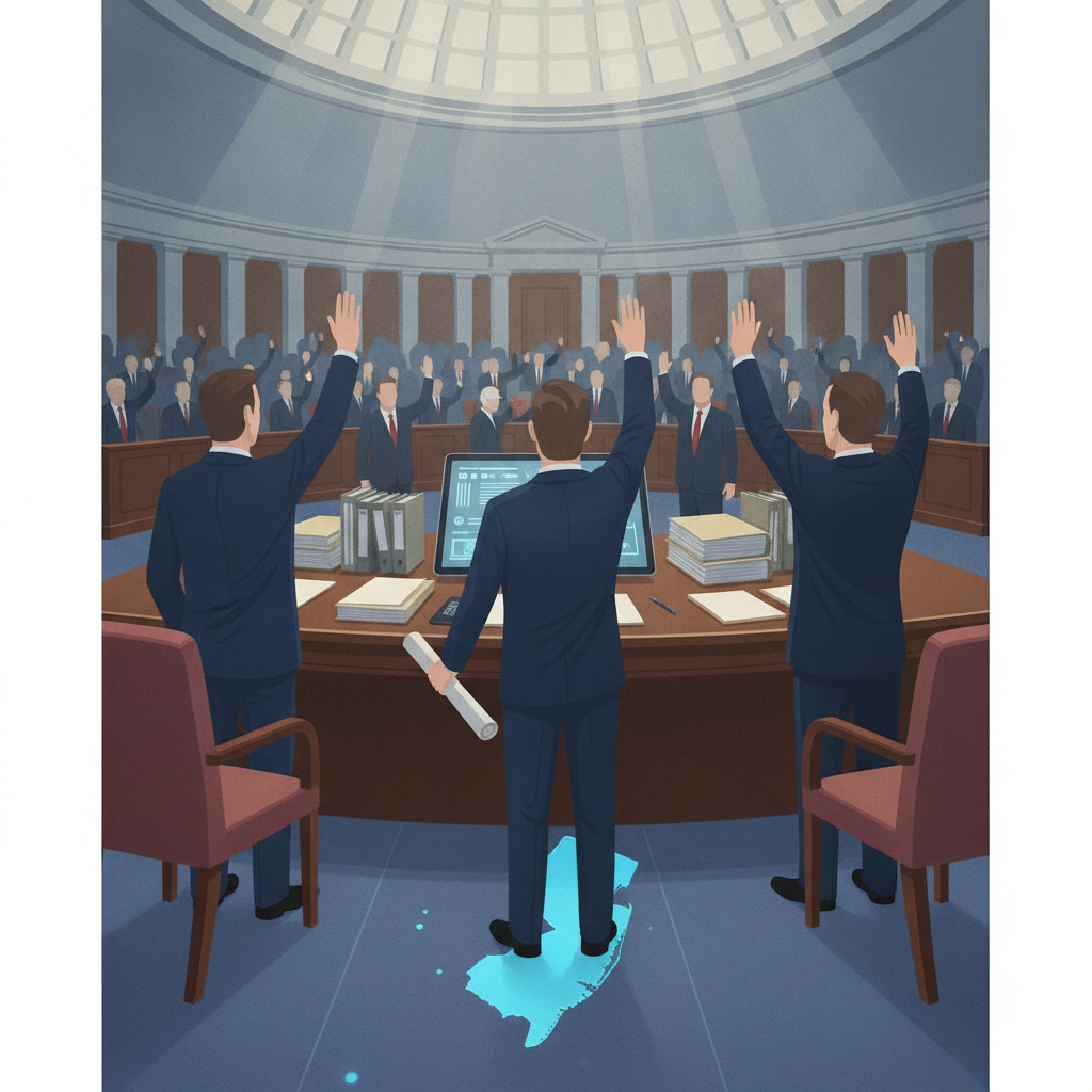 Illustration of a Senate vote on the Dennis John Benigno Traumatic Brain Injury Program Reauthorization Act, with senators…